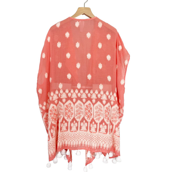 J. Crew Beach Cover Up Womens Size M Orange Tassel Hem Kimono Poncho Printed - Picture 2 of 5